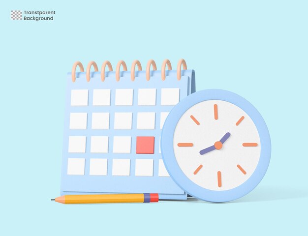 Símbolo de ícone de calendário de renderização 3D e design de estilo cartoon mínimo de lápis de relógio
