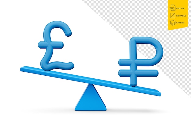 PSD símbolo de libra branca e rublo em ícones azuis arredondados com balança de peso 3d balança 3d ilustração