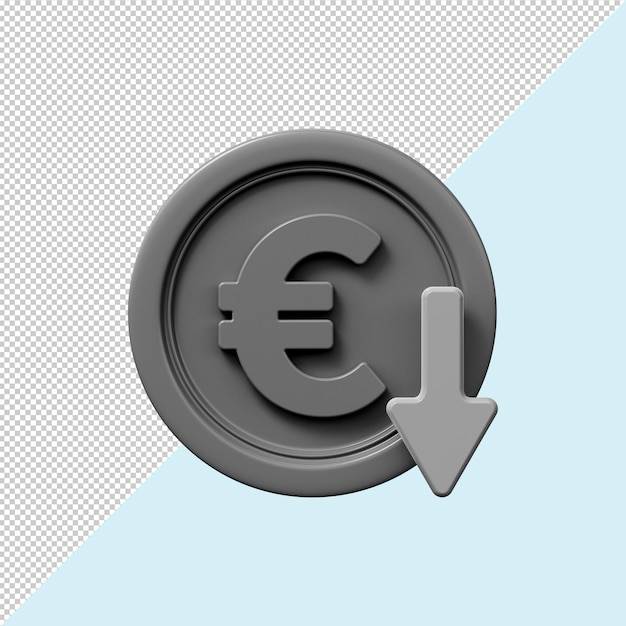 Símbolo de moeda de euro 3D preta com seta para baixo Símbol de dinheiro financeiro ou de investimento da economia