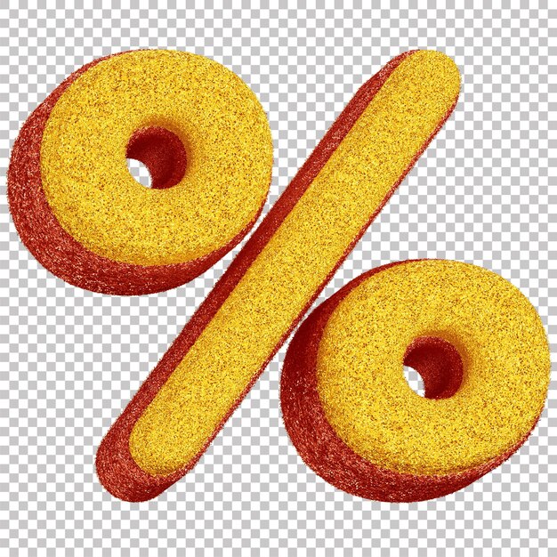 Símbolo de porcentagem de brilho 3D para composição de carnaval amarelo com contorno vermelho em fundo transparente
