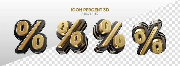 Símbolo de porcentagem preto com ouro em diferentes perspectivas renderização em 3d em fundo transparente