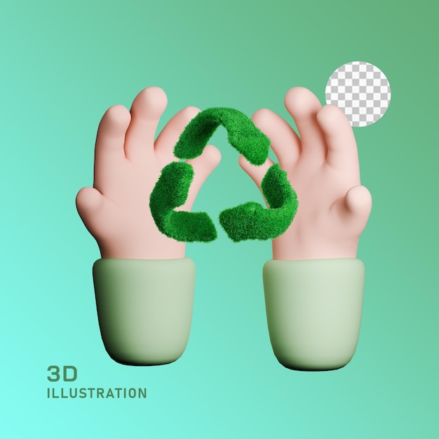 Símbolo de reciclagem 3D na palma da mão