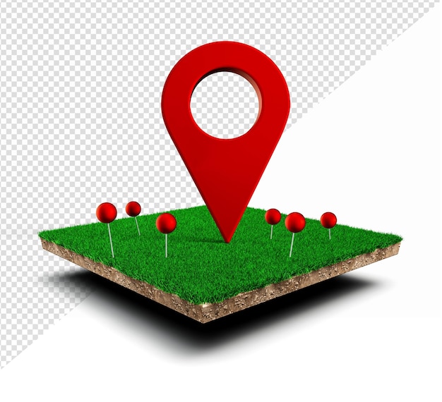 Simbolo di navigazione della puntina da disegno rossa Pin del navigatore rosso sull'illustrazione 3d del campo di erba verde