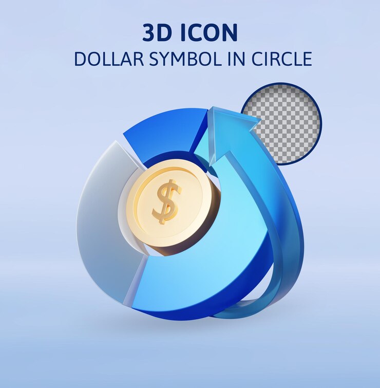 PSD símbolo do dólar em círculo com ilustração de renderização 3d de seta