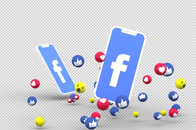 Símbolo do Facebook na tela do smartphone ou nas reações do celular e do Facebook amam, uau, como emoji 3d render