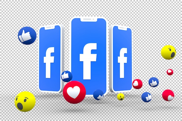 Símbolo do Facebook na tela do smartphone ou nas reações do celular e do Facebook amam, uau, como emoji 3d render