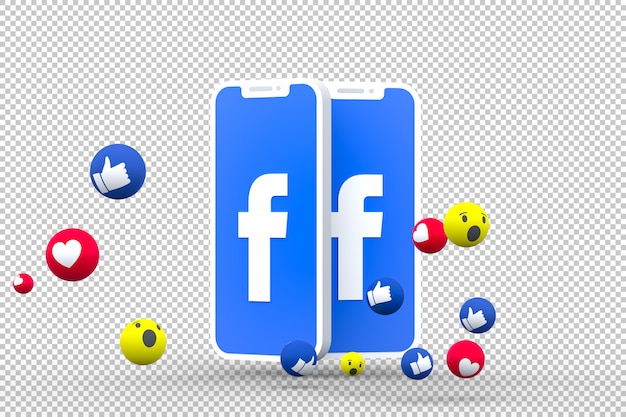 Símbolo do Facebook na tela do smartphone ou nas reações do celular e do Facebook amam, uau, como emoji 3d render