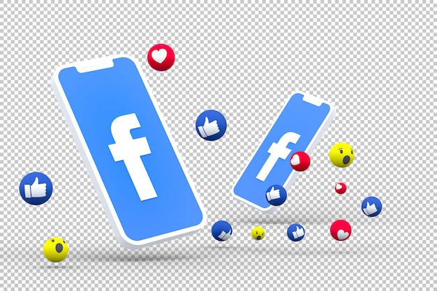 Símbolo do Facebook na tela do smartphone ou nas reações do celular e do Facebook amam, uau, como emoji 3d render