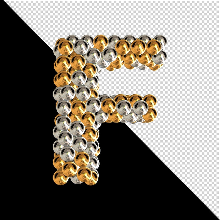 PSD símbolo de esferas de oro y plata sobre un fondo transparente. 3d letra mayúscula f