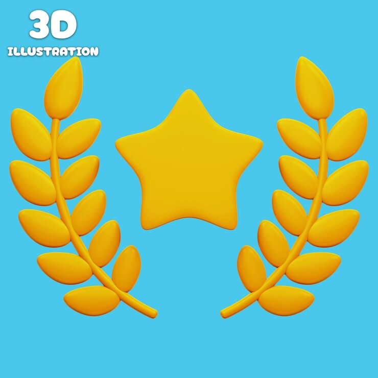 PSD símbolo de la estrella dorada y la corona de laurel en 3d