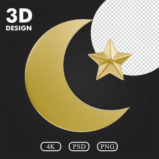 Símbolo de estrella y media luna en 3D amarillo metálico 1