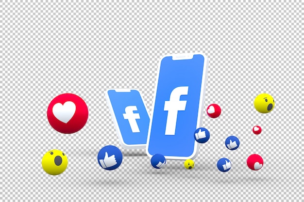 Símbolo de Facebook en la pantalla del teléfono inteligente o móvil y reacciones de Facebook 3D Render