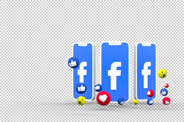 Símbolo de facebook en la pantalla del teléfono inteligente o móvil y reacciones de facebook 3d render