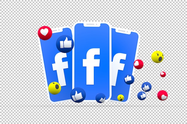Símbolo de Facebook en la pantalla del teléfono inteligente o móvil y reacciones de Facebook aman, guau, como emoji 3d render