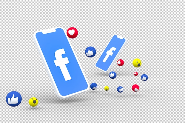 Símbolo de Facebook en la pantalla del teléfono inteligente o móvil y reacciones de Facebook amor, guau, como emoji 3d render