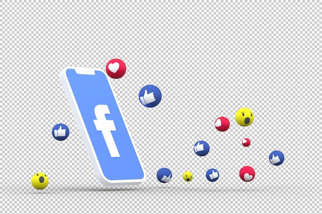 PSD símbolo de facebook en la pantalla del teléfono inteligente o móvil y reacciones de facebook amor, wow, como emoji 3d render