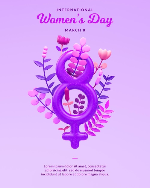 Símbolo femenino del día internacional de la mujer y número 8 con adornos florales en ilustración 3D