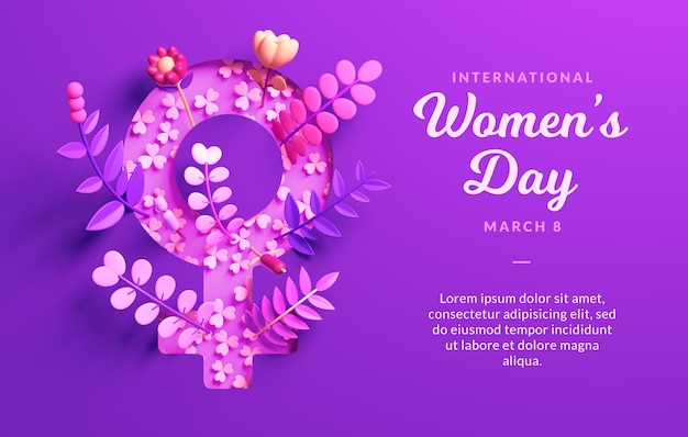 Símbolo feminino do Dia Internacional da Mulher com ornamentos florais e espaço de cópia em ilustração 3D