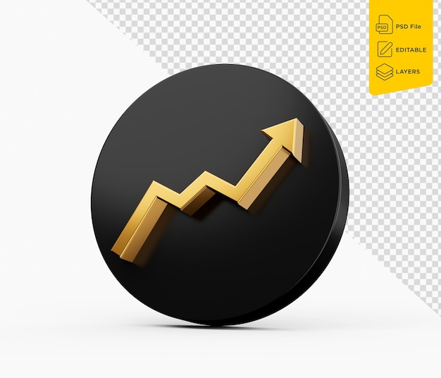Símbolo de flecha de crecimiento ascendente dorada 3d con icono negro redondeado Ilustración 3d