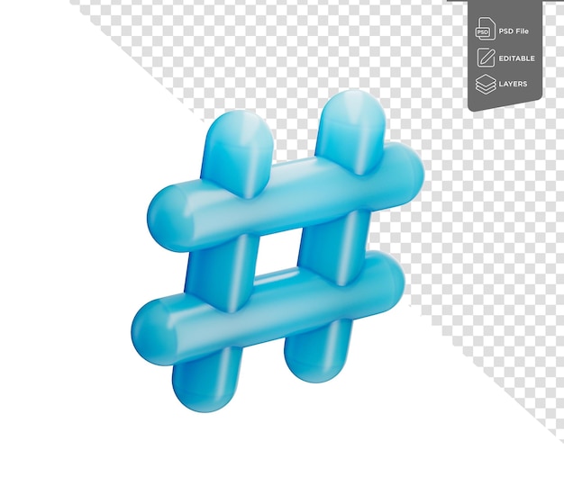 Un símbolo de hashtag 3D azul brillante que representa las redes sociales y la conectividad en línea Ilustración 3D