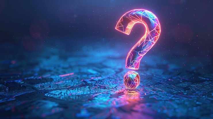 PSD un símbolo de interrogación de neón brillante renderizado en un estilo 3d se encuentra en una superficie digital reflectante