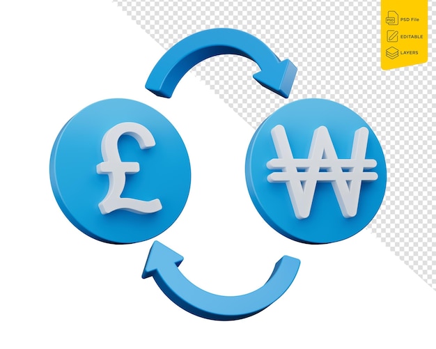 Símbolo de libra blanca y ganancia de 3d en íconos azules redondeados con flechas de intercambio de dinero ilustración 3d
