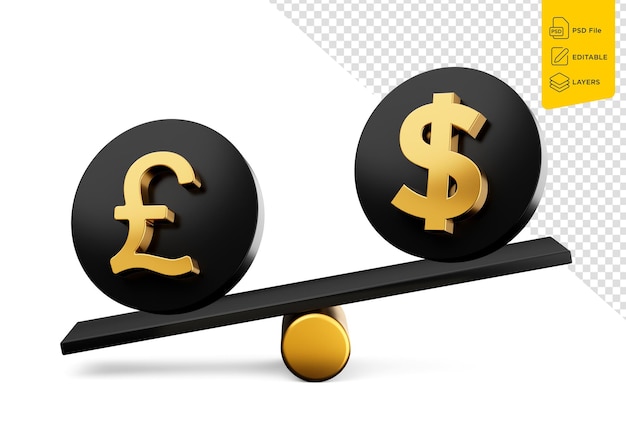 PSD símbolo de la libra dorada y el dólar en íconos negros redondeados peso de equilibrio 3d balanceo 3d ilustración