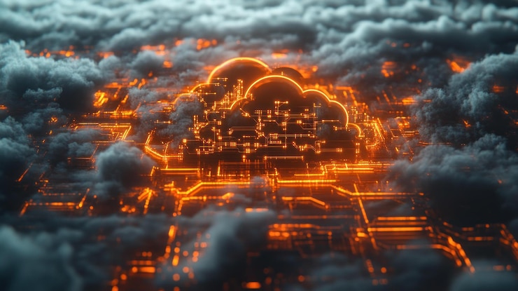 PSD un símbolo luminoso de computación en la nube emerge de una red de circuitos en las nubes