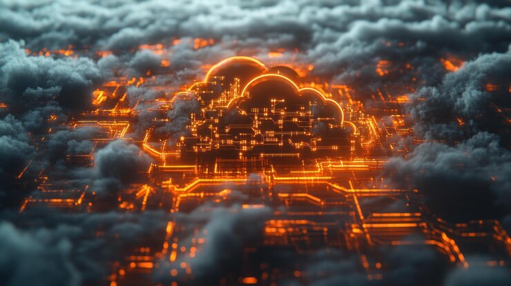 PSD un símbolo luminoso de computación en la nube emerge de una red de circuitos en las nubes