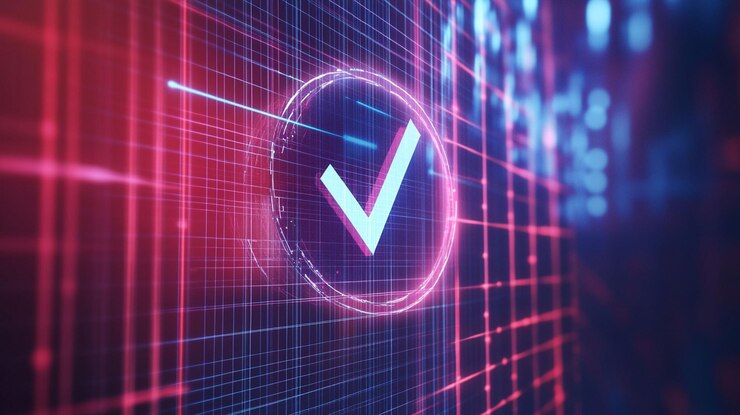 PSD símbolo de marca de comprobación futurista en cuadrícula luminosa que representa la confirmación o el éxito de la aprobación digital