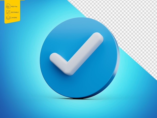 Símbolo de marca de verificación blanca 3d con icono azul brillante redondeado sobre fondo blanco Ilustración 3d