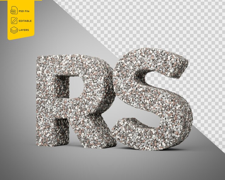 PSD símbolo de la moneda rupia rs hecho de fragmentos de roca o grava ilustración 3d
