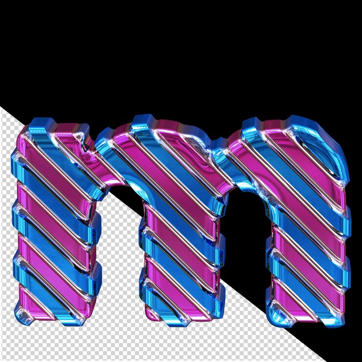 PSD símbolo morado con tiras diagonales azules letra m