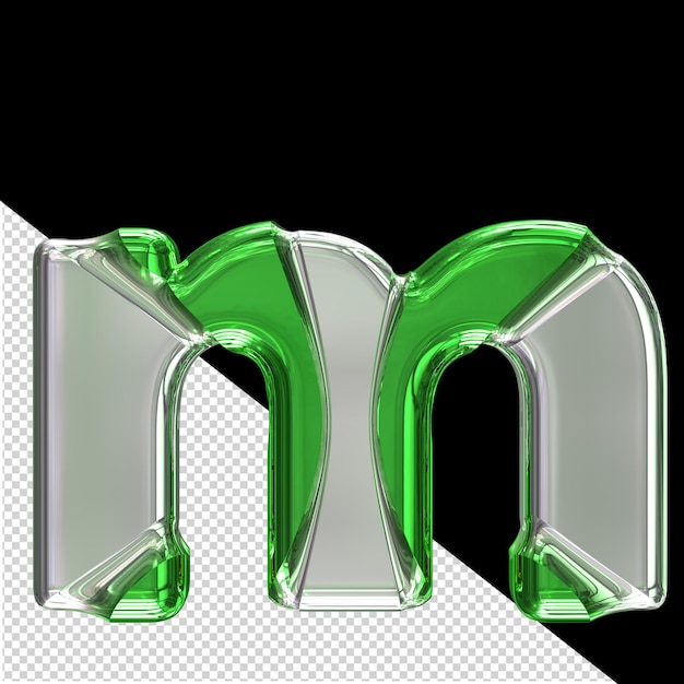 Símbolo plateado con incrustaciones verdes letra m