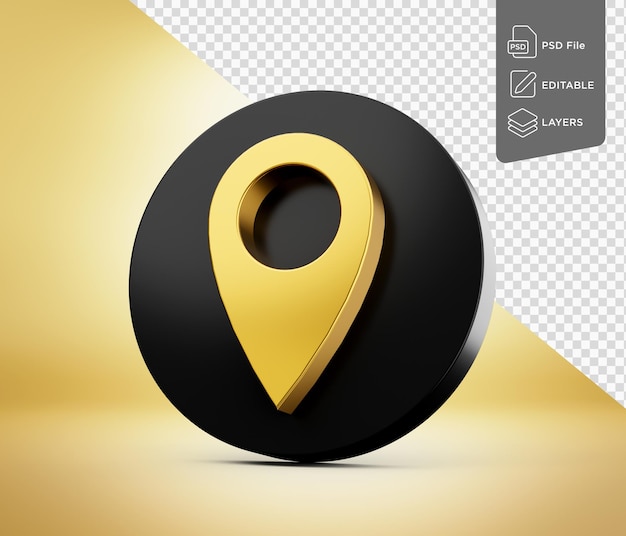 Símbolo de puntero de mapa de ubicación dorado brillante con icono negro redondeado ilustración 3D