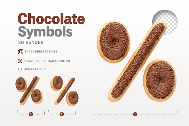 PSD símbolo realista por ciento en forma de donuts de chocolate en 3d render con fondo transparente