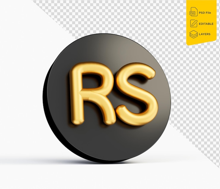 PSD símbolo de rupia pakistaní dorada 3d rs con icono negro redondeado sobre fondo blanco ilustración 3d