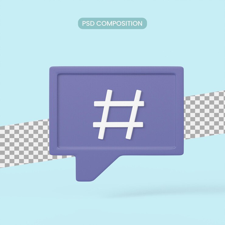 PSD símbolo de signo de hashtag en el icono de notificación de redes sociales sobre fondo azul, espacio de copia. renderizado 3d