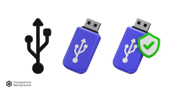 Símbolo USB 3D con icono de unidad USB conjunto Ilustración vectorial de renderización 3D