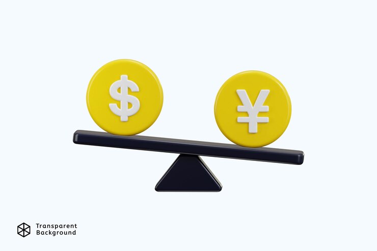 PSD símbolo de yen y dólar en la balanza del icono de comparación de divisas del icono financiero 3d