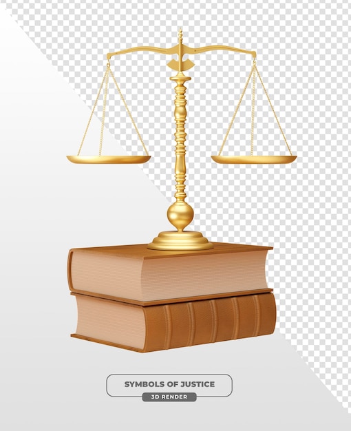 Símbolos da Justiça Escala da Justiça e Livros em renderização 3D