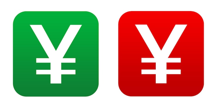 PSD símbolos de divisas del yen y el yuan en fondos verdes y rojos