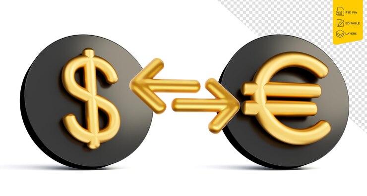 PSD símbolos de dólar estadounidense y euro sobre icono negro con dos flechas ilustración 3d de la tasa de cambio
