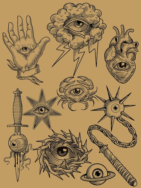 Símbolos esotéricos e olhos que vêem tudo gravados