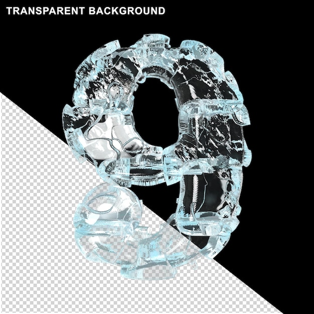 Símbolos hechos de hielo sobre un fondo transparente. 3d número 9