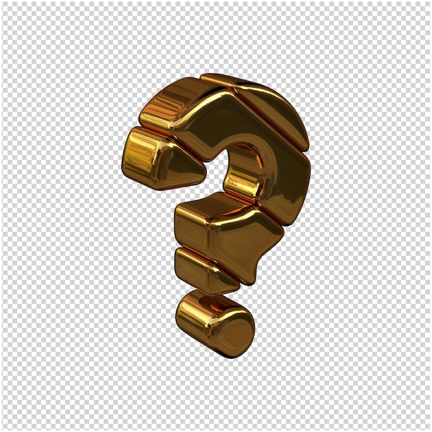 Símbolos hechos de lingotes de oro girados a la derecha sobre un fondo transparente. Pregunta de símbolo 3d