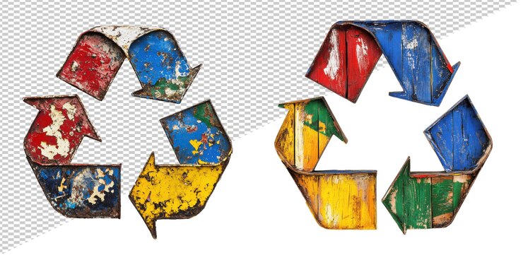 PSD símbolos de reciclaje oxidados y coloridos con flechas metálicas en un fondo transparente