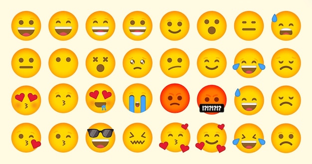 Simpatiche emoji semplici e piatte impostate per social media o chat