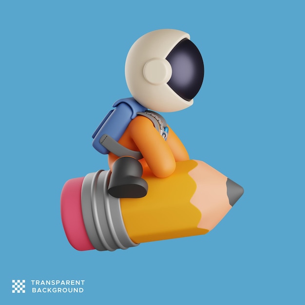 Simpatico astronauta seduto sulla matita gialla volante. immagine isolata