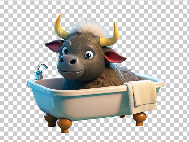 PSD un simpático búfalo 3d tomando un baño en una bañera